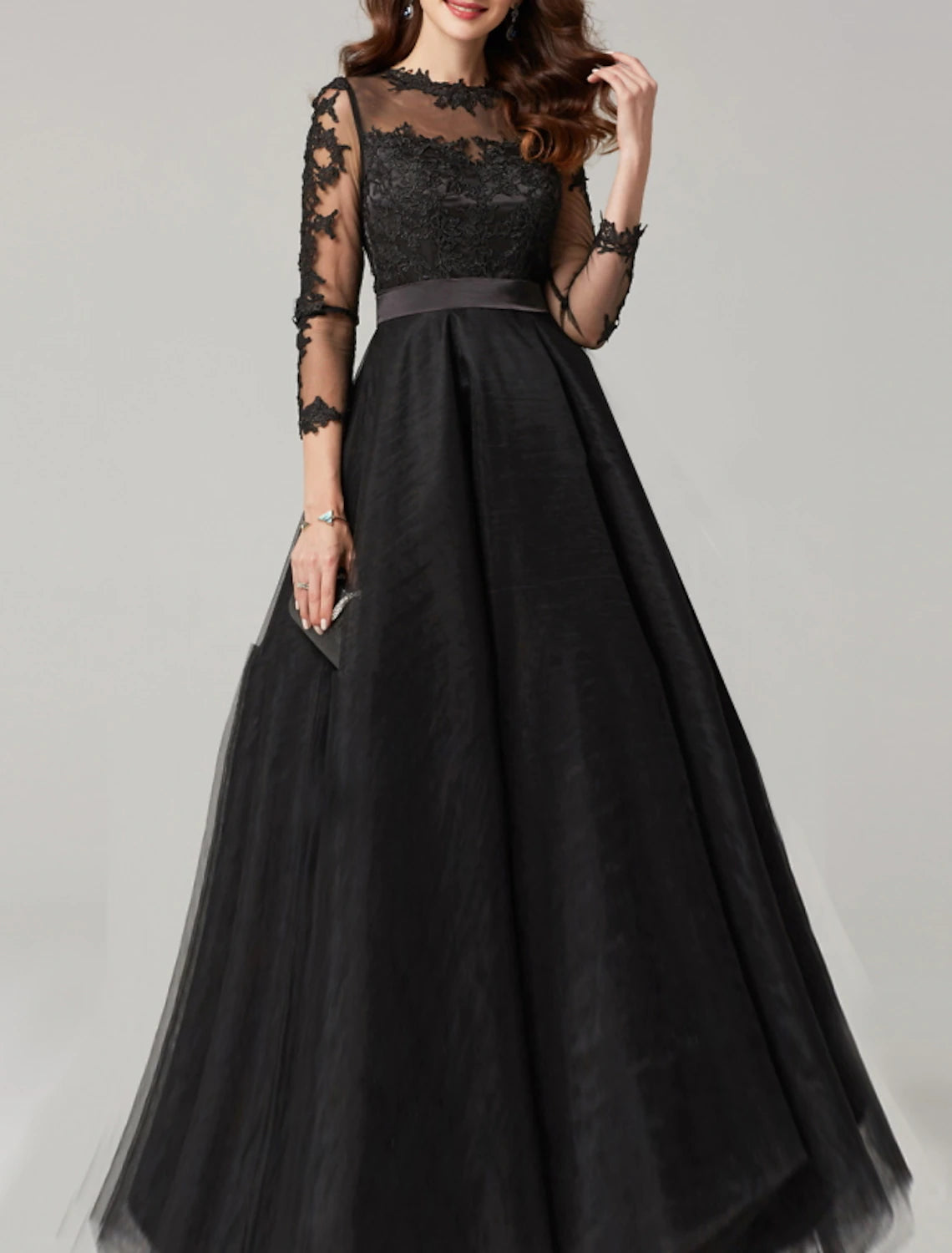 Ball Gown ElegantBlack Dress Quinceanera Prom Dress Illusion Neck 3/4 Length Sleeve Floor Length Lace with Lace Insert