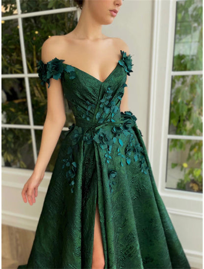 A-Line Prom Dresses Floral Dress Wedding Guest Wedding Party Court Train Sleeveless Off Shoulder Satin with Slit Appliques