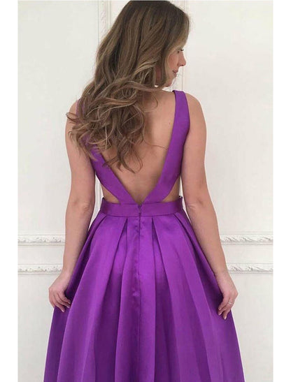 A-Line Prom Dresses Minimalist Dress Formal Floor Length Sleeveless V Neck Pocket Stretch Satin Backless V Back with Pleats Pocket