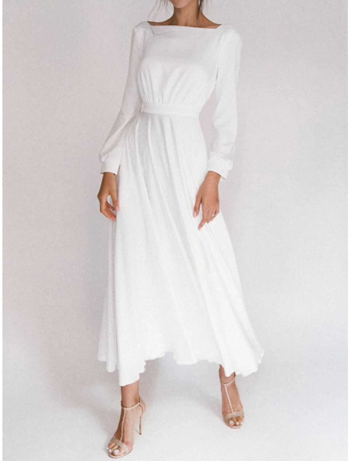 Bridal Shower Simple Wedding Dresses A-Line Square Neck Long Sleeve Ankle Length Chiffon Bridal Gowns With Pleats Summer Wedding Party