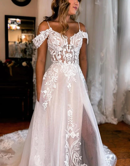 A-Line Off The Shoulder Appliques Wedding Dress