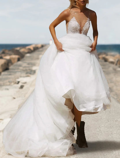 Beach Open Back Boho Wedding Dresses A-Line Sweetheart Sleeveless Court Train Tulle Bridal Gowns With Solid Color