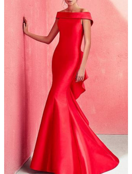 Mermaid Beautiful Back Red Green Dress Formal Evening Dress Off Shoulder Short Sleeve Floor Length Satin with Ruffles Draping