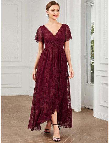 A-Line Wedding Guest Dresses Elegant Dress Holiday Asymmetrical Short Sleeve V Neck Lace with Appliques