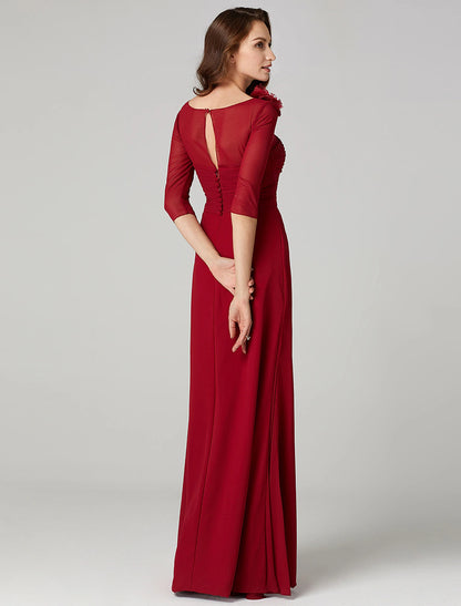 Sheath / Column Keyhole Dress Holiday Floor Length 3/4 Length Sleeve Bateau Neck Charmeuse with Ruched Flower