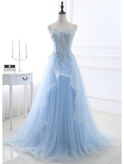 A-Line Sexy Floral Engagement Prom Birthday Dress Strapless Sleeveless Sweep / Brush Train Lace with Pleats Lace Insert