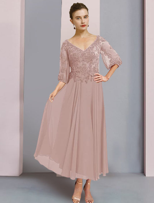 Two Piece A-Line Mother of the Bride Dress Formal Wedding Guest Elegant V Neck Tea Length Chiffon Lace 3/4 Length Sleeve Wrap Included with Pleats Appliques