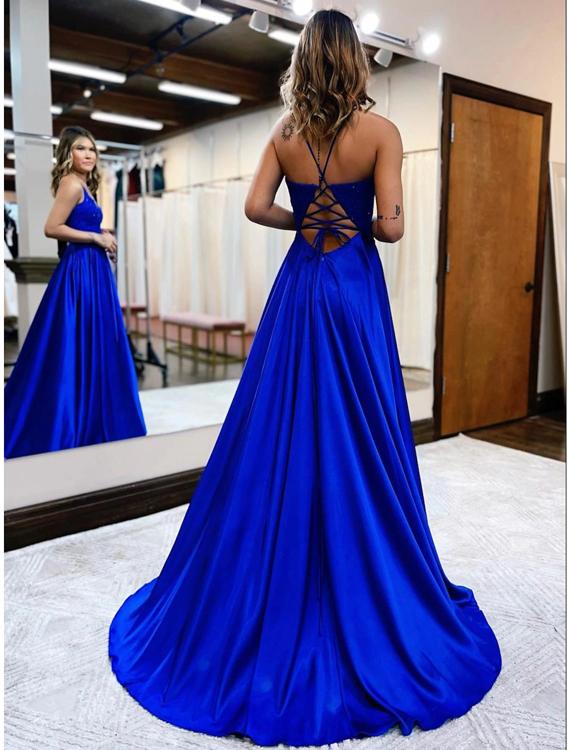 A-Line Prom Dresses Empire Dress Formal Wedding Guest Court Train Sleeveless V Neck Satin Backless with Beading Appliques