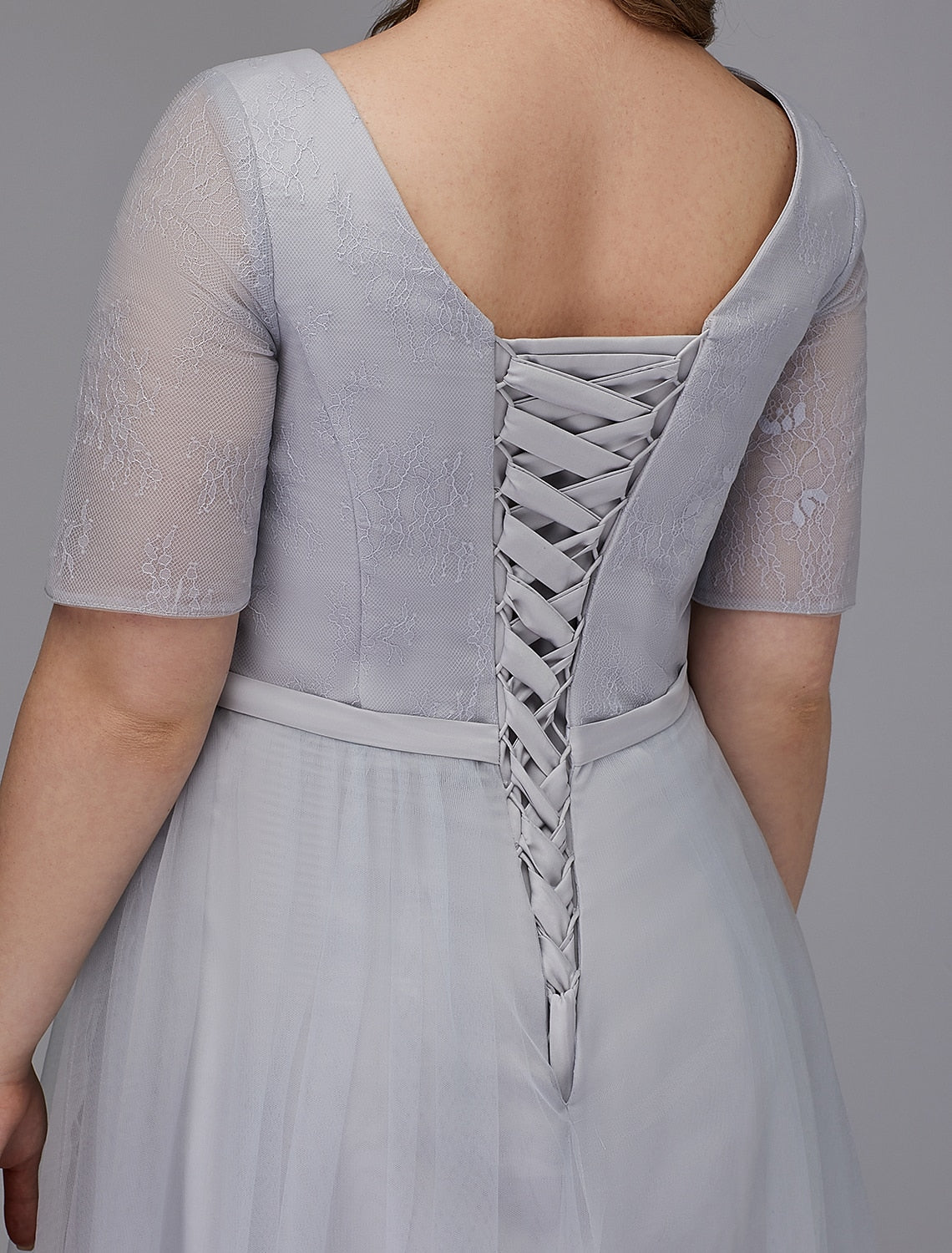 A-Line Elegant Dress Wedding Guest Tea Length Short Sleeve V Neck Lace Lace-up with Sash / Ribbon