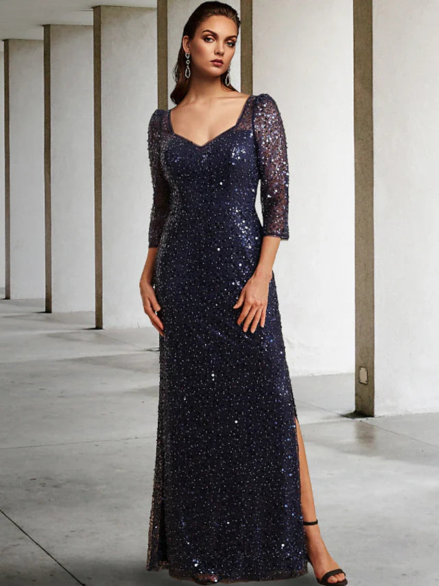 Sheath / Column Mother of the Bride Dress Elegant Sparkle & Shine Square Neck Floor Length Tulle Sequined 3/4 Length Sleeve with Beading Sequin Split Front