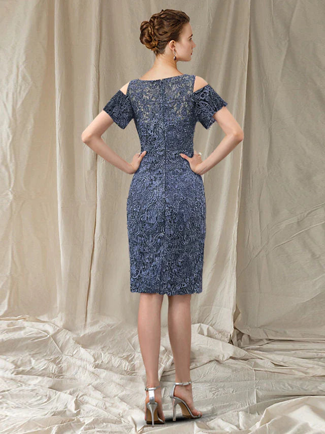 Wholesa Sheath / Column Mother of the Bride Dress Elegant Jewel Neck Knee Length Chiffon Lace Short Sleeve with Appliques