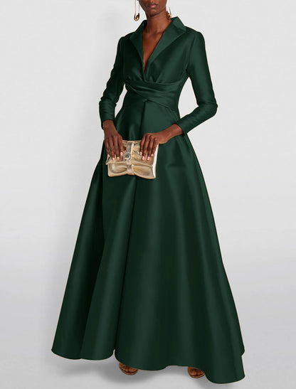 A-Line Evening Gown Elegant Red Green Dress Formal Wedding Guest Floor Length Long Sleeve Shirt Collar Satin with Ruched