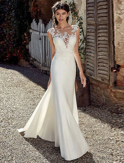 Beach Open Back Wedding Dresses Mermaid / Trumpet Illusion Neck Cap Sleeve Court Train Chiffon Outdoor Bridal Gowns With Appliques Summer Fall Wedding Party