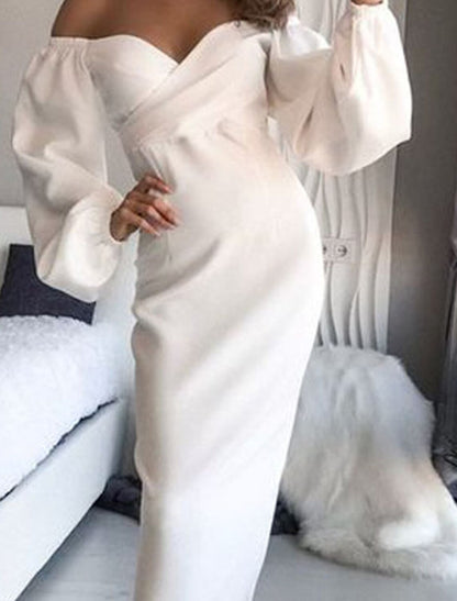 Sheath / Column Cocktail Dresses Little White Dresses Dress Wedding Guest Engagement Tea Length Long Sleeve Sweetheart Fall Wedding Guest Stretch Fabric with Sleek Pure Color