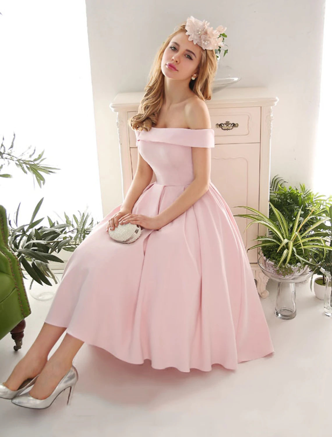 A-Line Cocktail Dresses Vintage Dress Engagement Tea Length Sleeveless Off Shoulder Stretch Fabric with Pleats