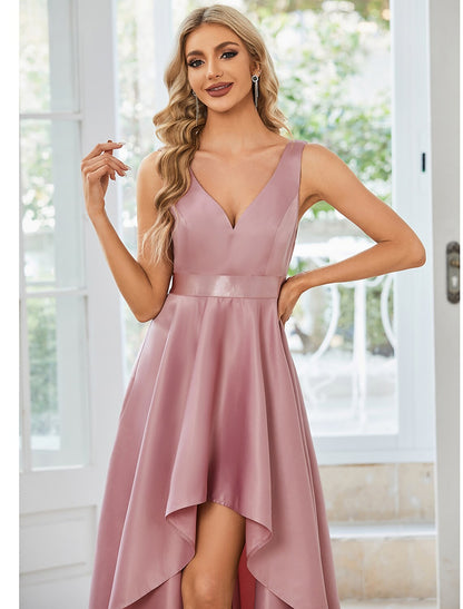 A-Line Wedding Guest Dresses Casual Dress Party Wear Wedding Party Asymmetrical Sleeveless V Neck Satin with Ruffles Pure Color