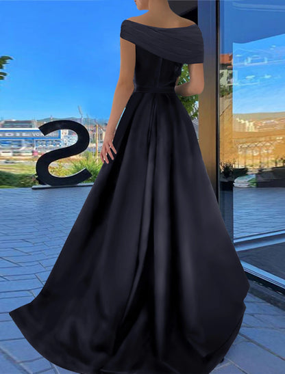 A-Line Prom Dresses Little Black Dress Dress Formal Floor Length Short Sleeve Off Shoulder Satin with Ruched Slit