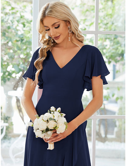 A-Line Wedding Guest Dresses Casual Dress Party Dress Wedding Party Asymmetrical Short Sleeve V Neck Bridesmaid Dress Chiffon with Ruffles Pure Color