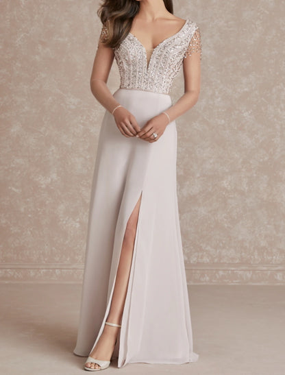 A-Line Evening Gown Glittering Dress Engagement Sweep / Brush Train Short Sleeve V Neck Chiffon with Sequin Slit