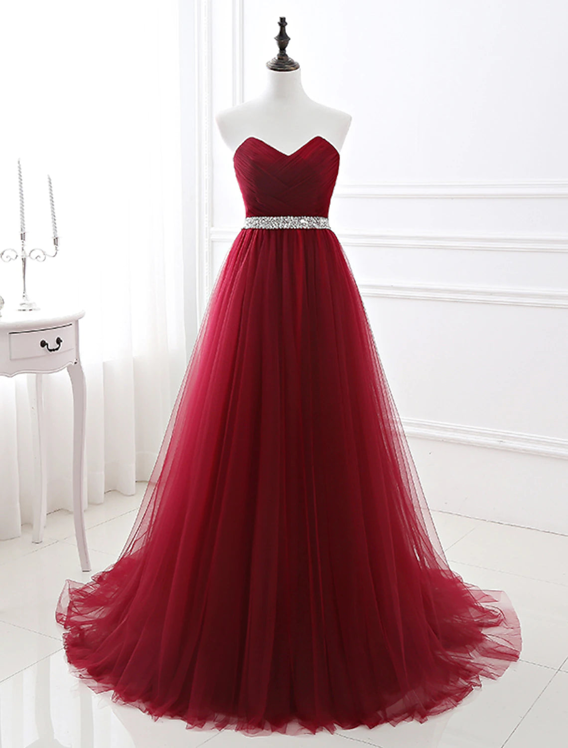 A-Line Elegant Quinceanera Prom Valentine's Day Dress Strapless Sleeveless Chapel Train Satin with Crystals