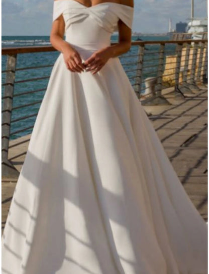 Hall Formal Wedding Dresses A-Line Off Shoulder Short Sleeve Court Train Satin Bridal Gowns With Pleats Ruched