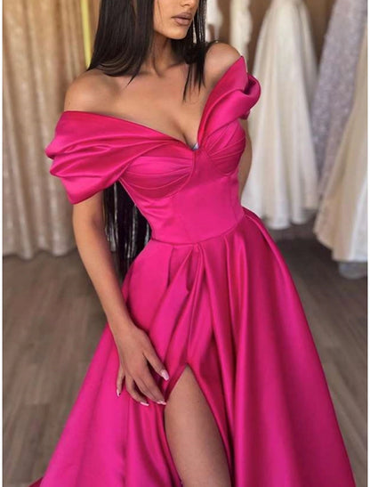 A-Line Evening Gown High Split Dress Black Dress Formal Carival Floor Length Short Sleeve Off Shoulder Satin with Pleats Slit