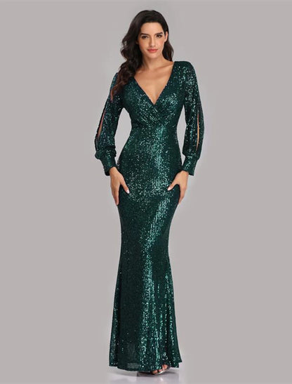 Mermaid / Trumpet Evening Gown Sparkle Dress Party Dress Wedding Guest Floor Length Long Sleeve V Neck Sequined with Sequin