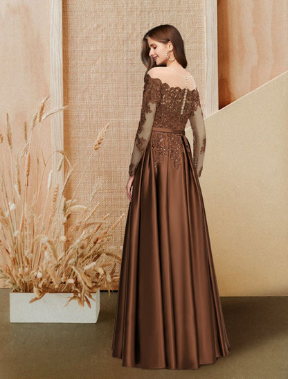 A-Line Evening Gown Glittering Dress Engagement Floor Length Long Sleeve Off Shoulder Satin with Sequin Slit Lace Insert