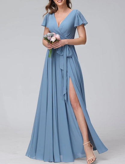 A-Line Bridesmaid Dress V Neck Short Sleeve Blue Floor Length Chiffon with Split Front / Ruching