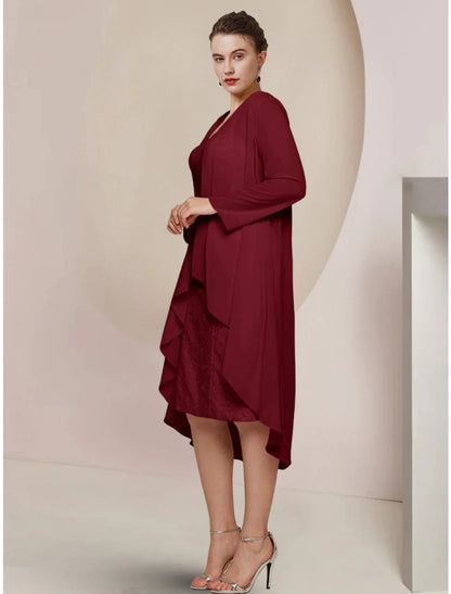 A-Line Mother of the Bride Dress Wedding Guest Elegant Petite Square Neck Knee Length Chiffon Long Sleeve with Ruching Solid Color