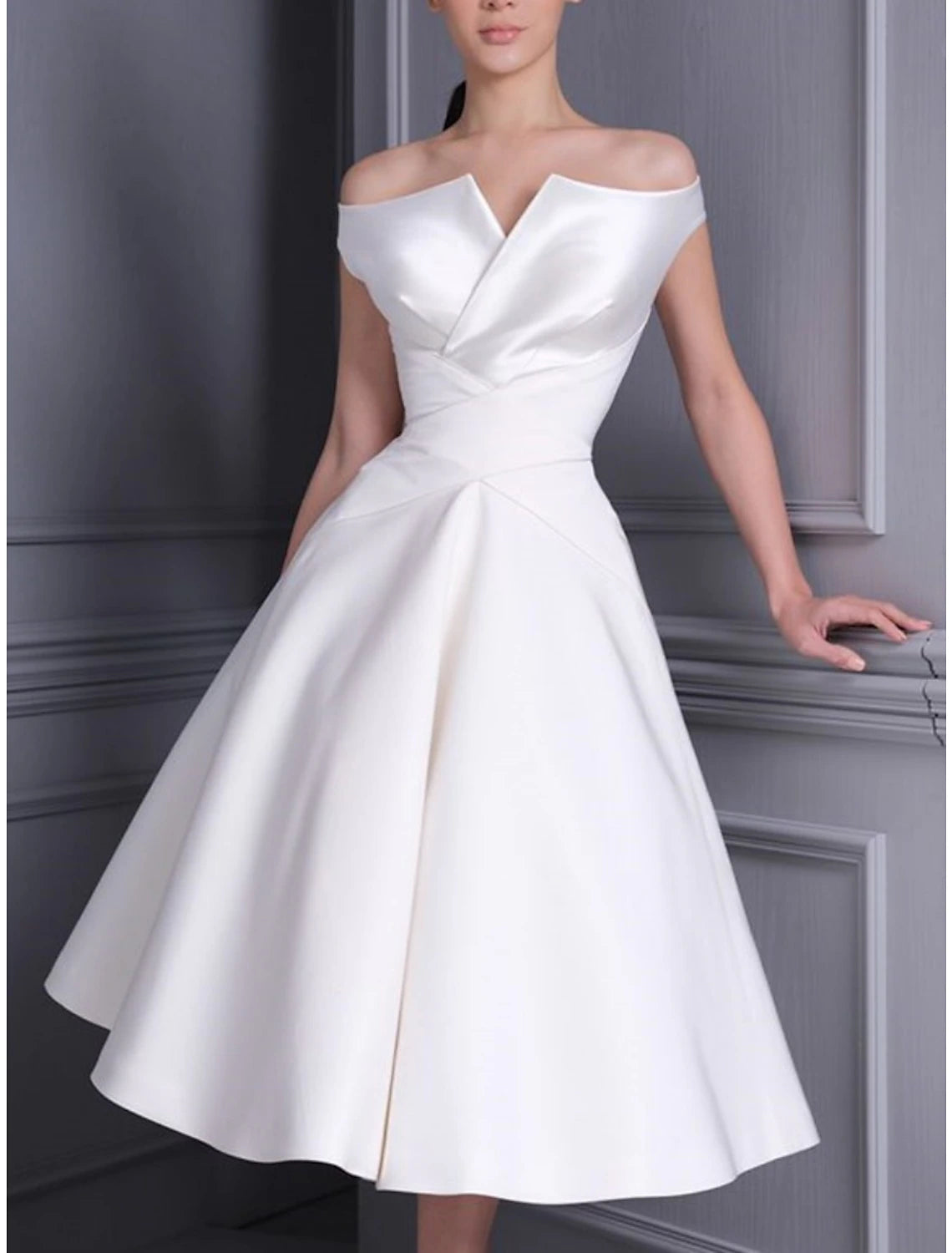 Little White Dresses Wedding Dresses A-Line Off Shoulder Cap Sleeve Tea Length Satin Bridal Gowns With Pleats Solid Color