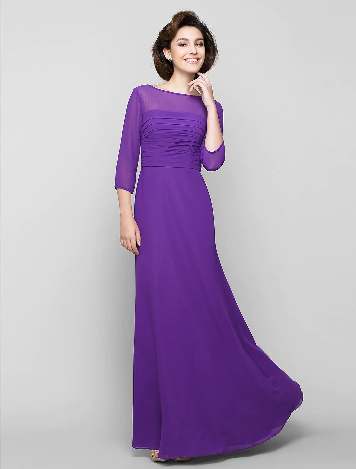 A-Line Mother of the Bride Dress Elegant Scoop Neck Ankle Length Chiffon 3/4 Length Sleeve No with Ruched