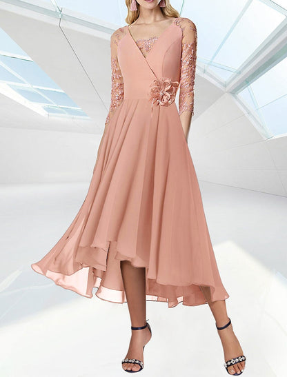 A-Line Cocktail Dresses Elegant Dress Wedding Guest Kentucky Derby Tea Length 3/4 Length Sleeve V Neck Chiffon with Appliques Shouder Flower