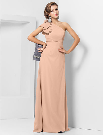 Sheath / Column Elegant Dress Wedding Guest Formal Evening Floor Length Sleeveless One Shoulder Bridesmaid Dress Chiffon with Sash / Ribbon Appliques