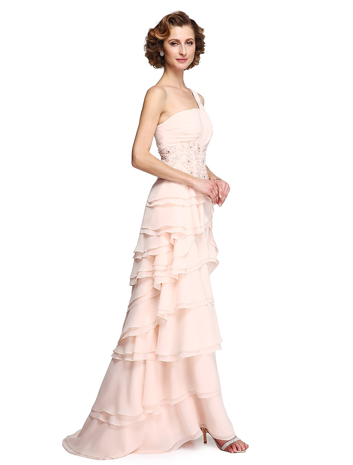 A-Line Mother of the Bride Dress Elegant One Shoulder Floor Length Chiffon Lace Sleeveless No with Pleats Ruched Beading