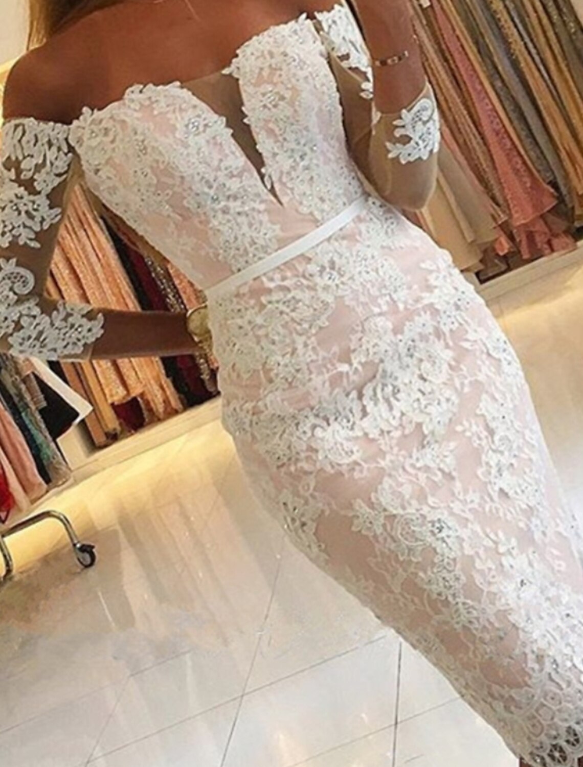 Mermaid / Trumpet Prom Dresses Elegant Dress Wedding Guest Engagement Knee Length 3/4 Length Sleeve Off Shoulder Lace with Appliques