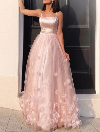 A-Line Prom Party Dress Floral Dress Performance Sweet 16 Floor Length Sleeveless Spaghetti Strap Tulle with Pleats Appliques