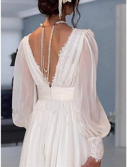 Little White Dresses Wedding Dresses A-Line V Neck Long Sleeve Sweep / Brush Train Chiffon Bridal Gowns With Pleats Solid Color