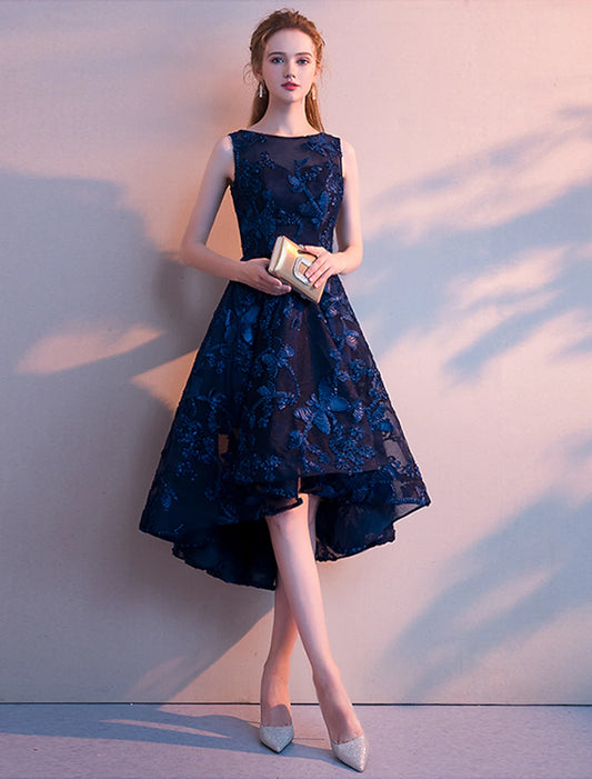 A-Line Cocktail Dresses Minimalist Dress Homecoming Asymmetrical Sleeveless Jewel Neck Tulle with Pleats Pattern / Print