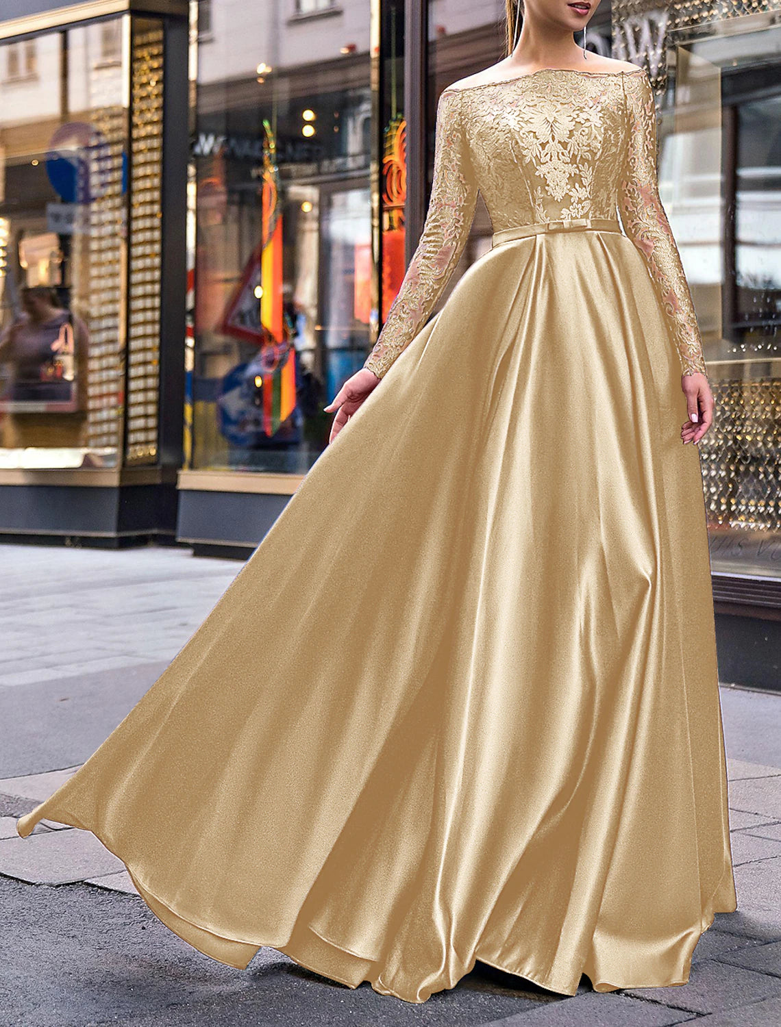 A-Line Evening Gown Party Dress Elegant Dress Wedding Guest Fall Floor Length Long Sleeve Off Shoulder Belt / Sash Satin with Appliques