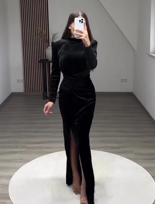 Sheath / Column Evening Gown Elegant Dress Formal Cocktail Party Floor Length Long Sleeve High Neck Velvet with Slit