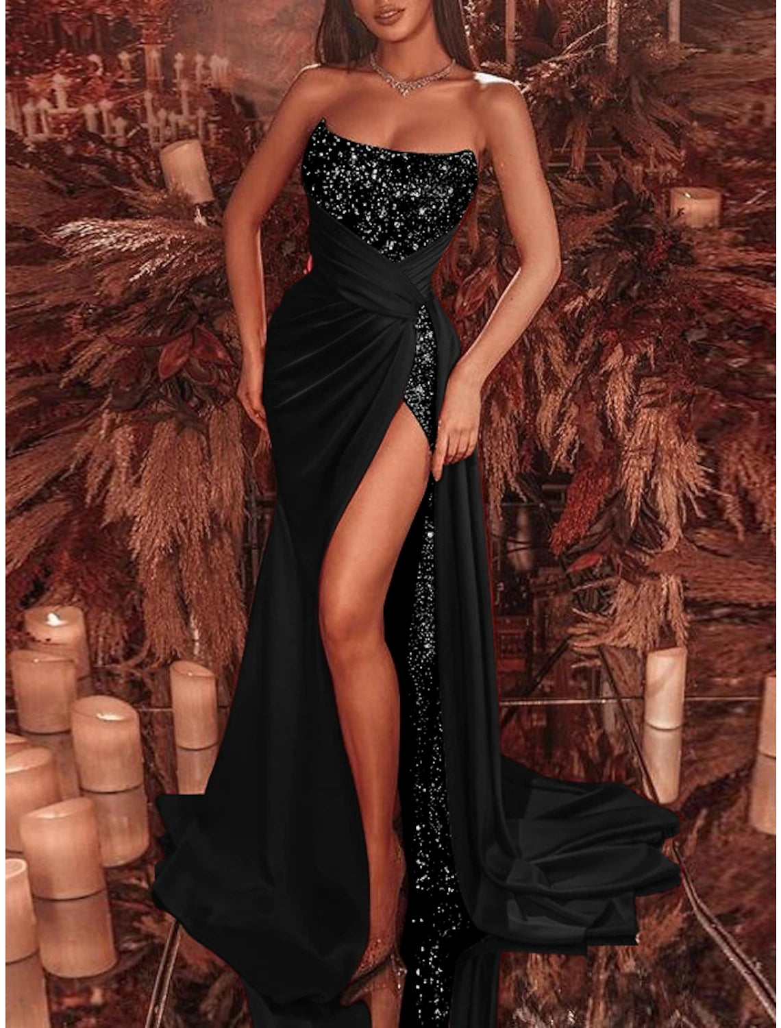 Sheath Black Dress Evening Gown Celebrity Style Dress Formal Court Train Sleeveless Strapless Sequined with Ruched Sequin Slit