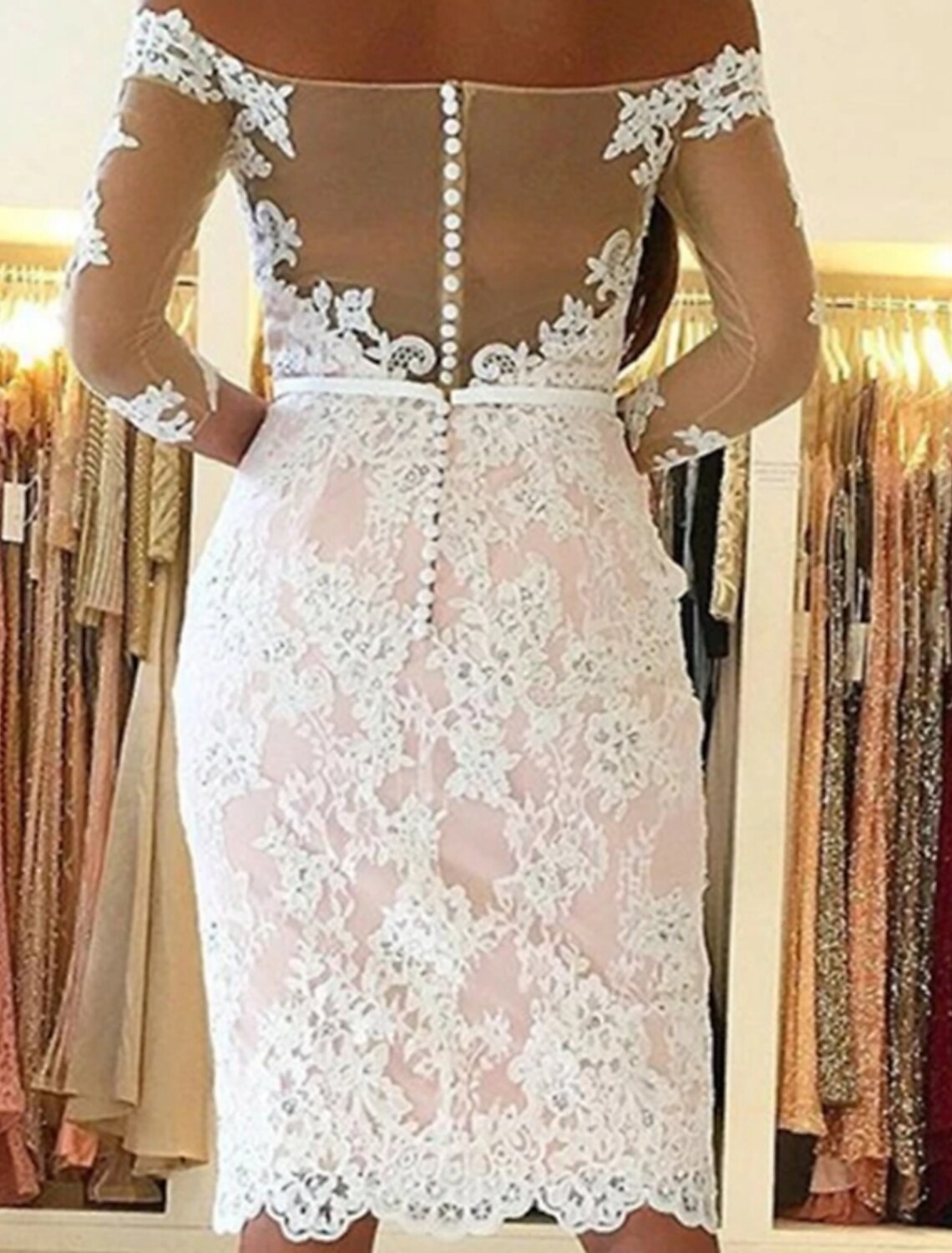 Mermaid / Trumpet Prom Dresses Elegant Dress Wedding Guest Engagement Knee Length 3/4 Length Sleeve Off Shoulder Lace with Appliques