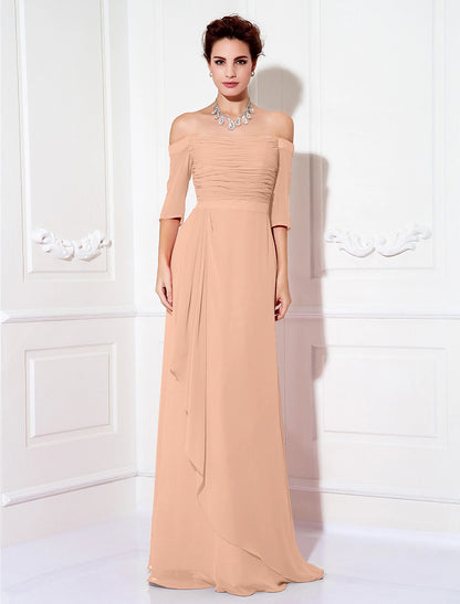 Sheath / Column Minimalist Dress Wedding Guest Formal Evening Sweep / Brush Train Half Sleeve Off Shoulder Bridesmaid Dress Chiffon with Ruched Draping