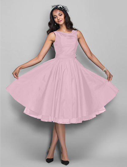 A-Line Cocktail Dresses Vintage Dress Halloween Wedding Guest Knee Length Sleeveless V Neck Taffeta with Pleats Crystals