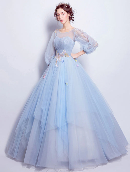 Ball Gown Elegant Floral Puffy Quinceanera Engagement Dress Illusion Neck 3/4 Length Sleeve Floor Length Tulle with Pleats Appliques