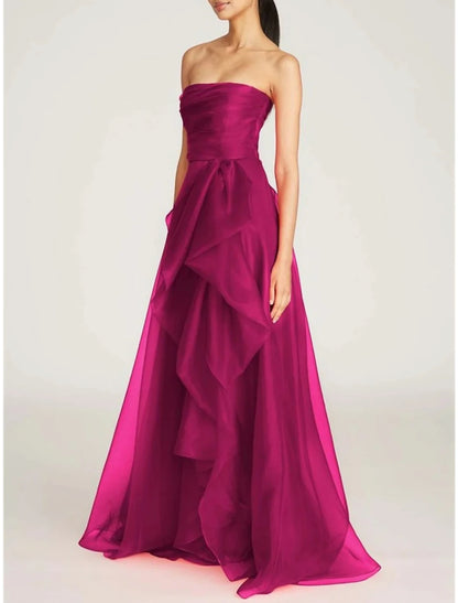 A-Line Evening Gown Elegant Dress Formal Sweep / Brush Train Christmas Red Green Dress Sleeveless Strapless Tulle with Pleats Ruched Ruffle