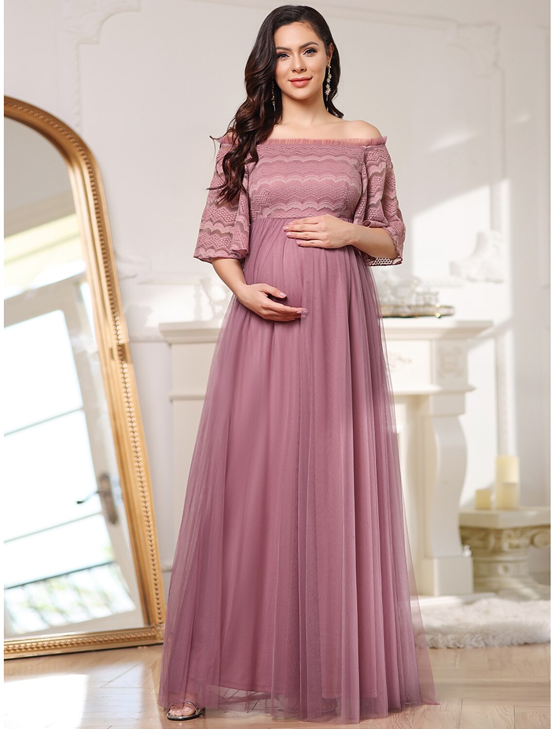 A-Line Mother of the Bride Dress Maternity Elegant Off Shoulder Floor Length Lace Tulle Sleeveless with Tier