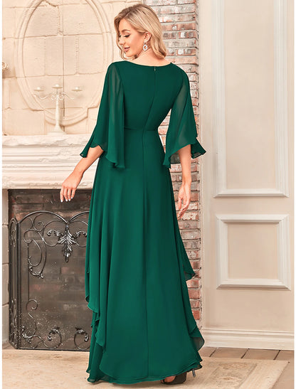 A-Line Mother of the Bride Dress Elegant V Neck Floor Length Chiffon Half Sleeve with Sash / Ribbon