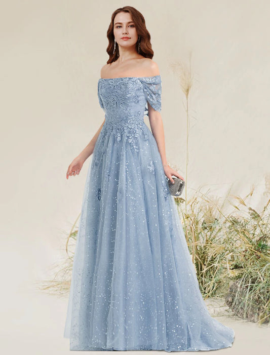 A-Line Prom Dresses Elegant Dress Wedding Guest Prom Sweep / Brush Train Sleeveless Off Shoulder Lace with Pleats